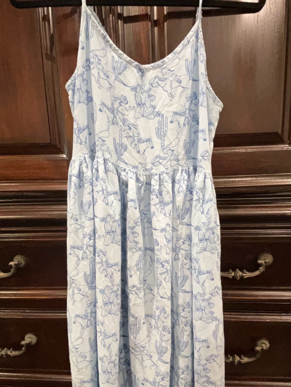 Light Blue Cactus Print Spaghetti-Strap Kids Dress